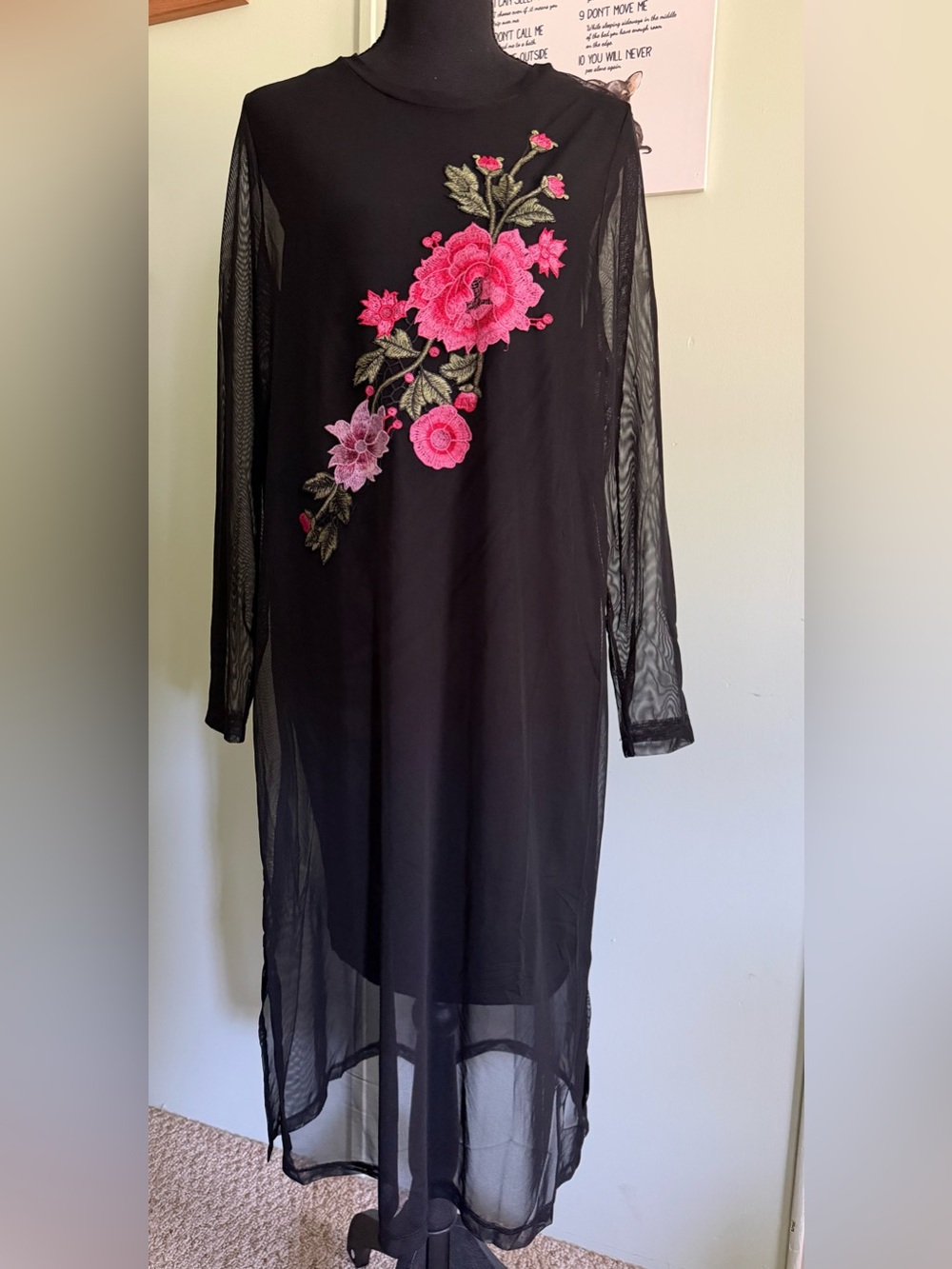 Haute Monde Black Long Sleeve Mesh Dress with Pink Floral Embroidery. Size 1XL.